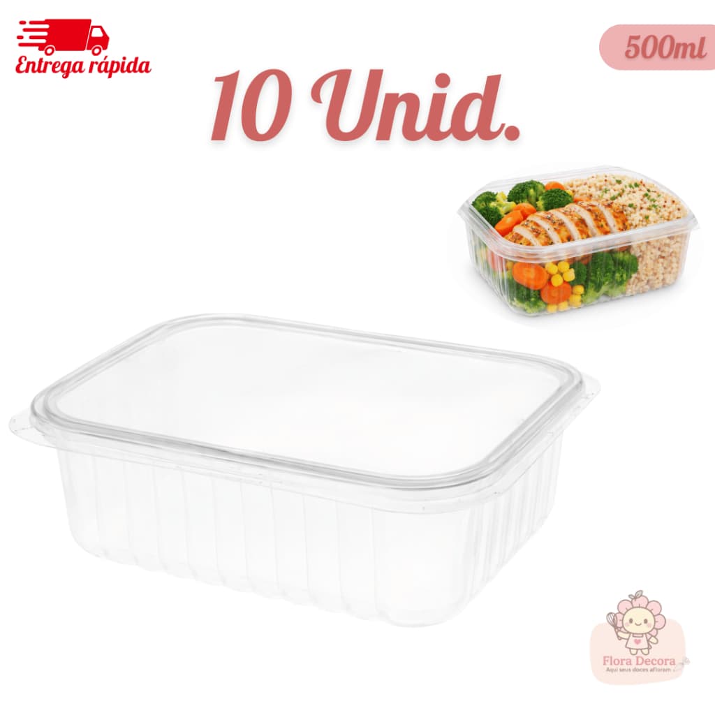 Kit 10 Pote De Embalagem Marmita Retangular Plástico Com Tampa 500ml