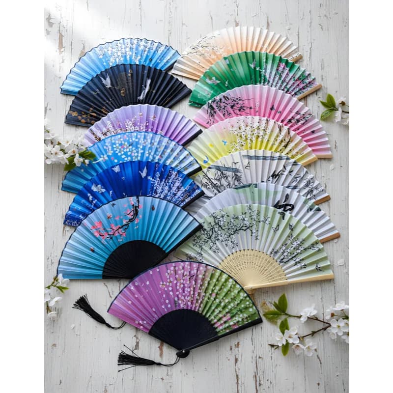 Leque Oriental Japonês Varias Estampas Diversas Cores Madeira Escuro Gueixa Mão Gueixa