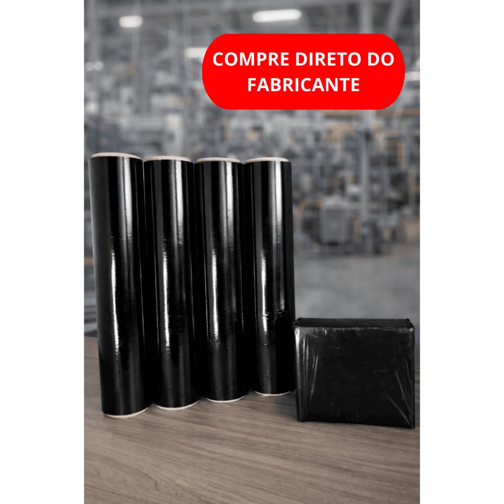 Kit 4 Bobinas Filme Stretch Preto 50 x 20 Micras (800m) | Rolo Virgem para Embalar Caixas e Pallets
