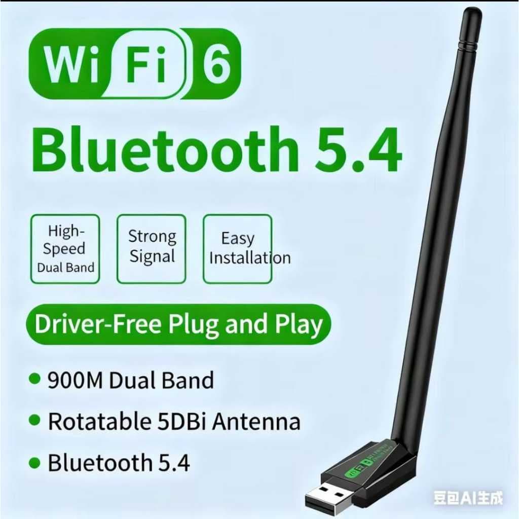 Adaptador Dual Band 2 em 1 - WI-FI 6 2.4GHz/5.8GHz + Bluetooth 5.4, Com Antena 900Mbps Compatível com Windows 10/11