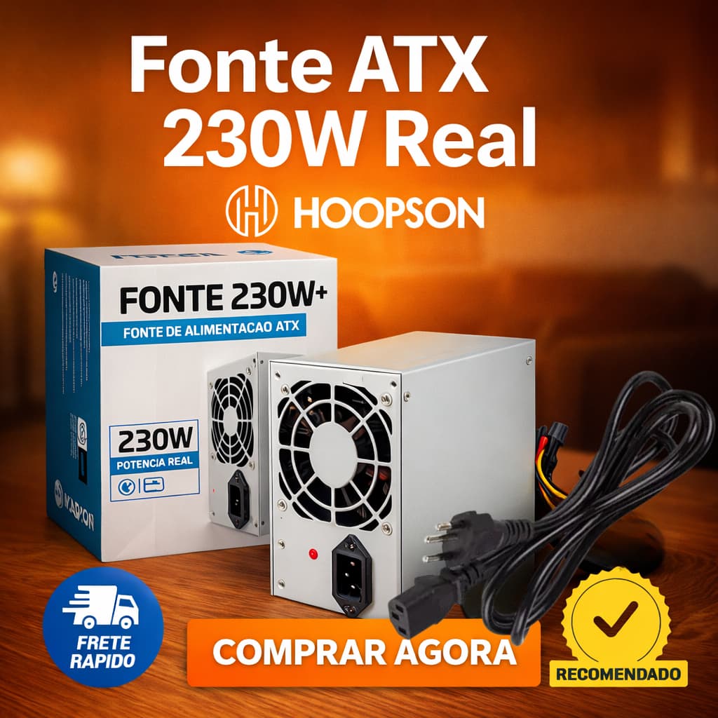 Fonte ATX 230W Real Bivolt COM CABO Silenciosa PC Desktop para Escritório E Automação Comercial