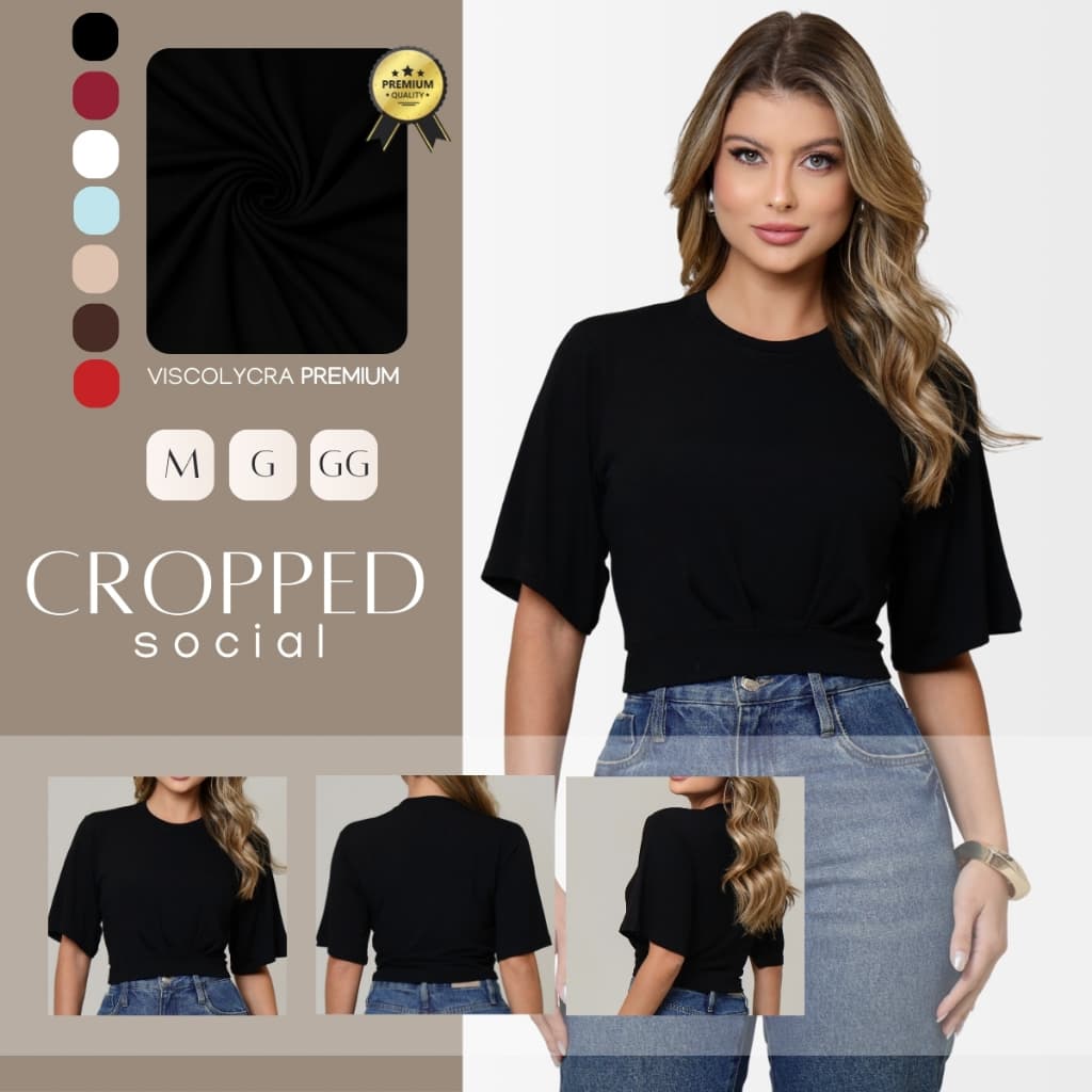Blusa Feminina Cropped Manga Curta Morcego Gola Redonda Lisa Malha Premium
