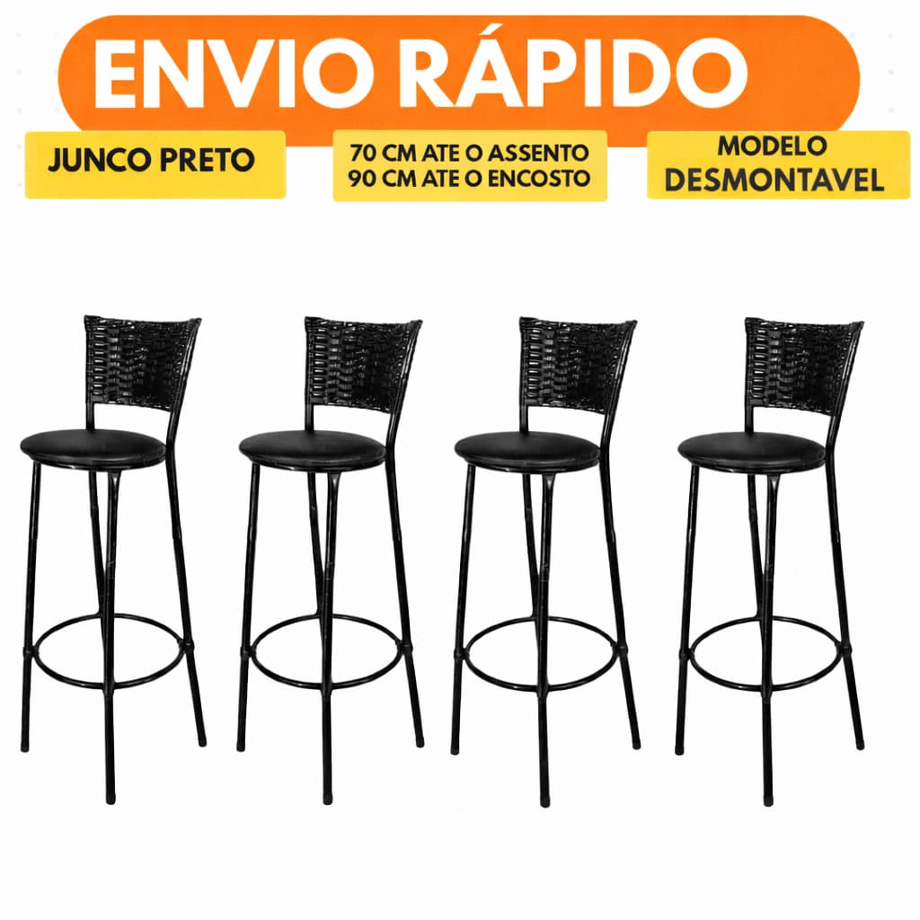 Kit Banquetas Alta Junco Preto Banco Bistro Desmontavel Preto Balcao Cozinha Area Gourmet 90 cm