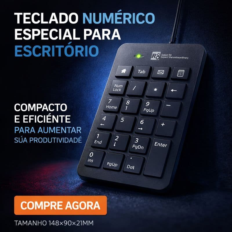 Teclado Numérico USB R8 com teclas, Home, Tab, Email e Calculadora Plug & Play Ultrafino Preto