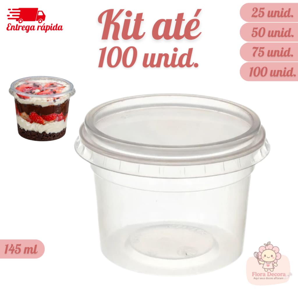 Kit Pote Redondo Com Tampa Para Alimentos e Sobremesa Plástico 145ml