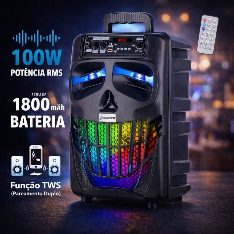 Caixa de Som LED Bluetooth Potencia 100W RMS Caixa Portátil De Som Bluetooth TWS Hoopson