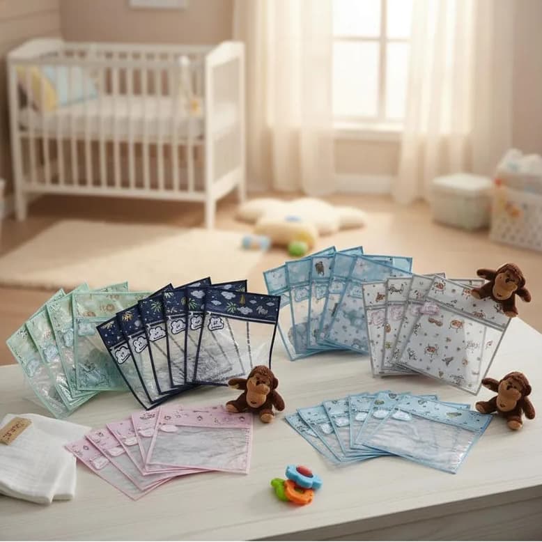 Kit c/ 6 Saquinhos Organizadores para Mala Maternidade em Plástico Cristal com Zíper + Tags Bordadas