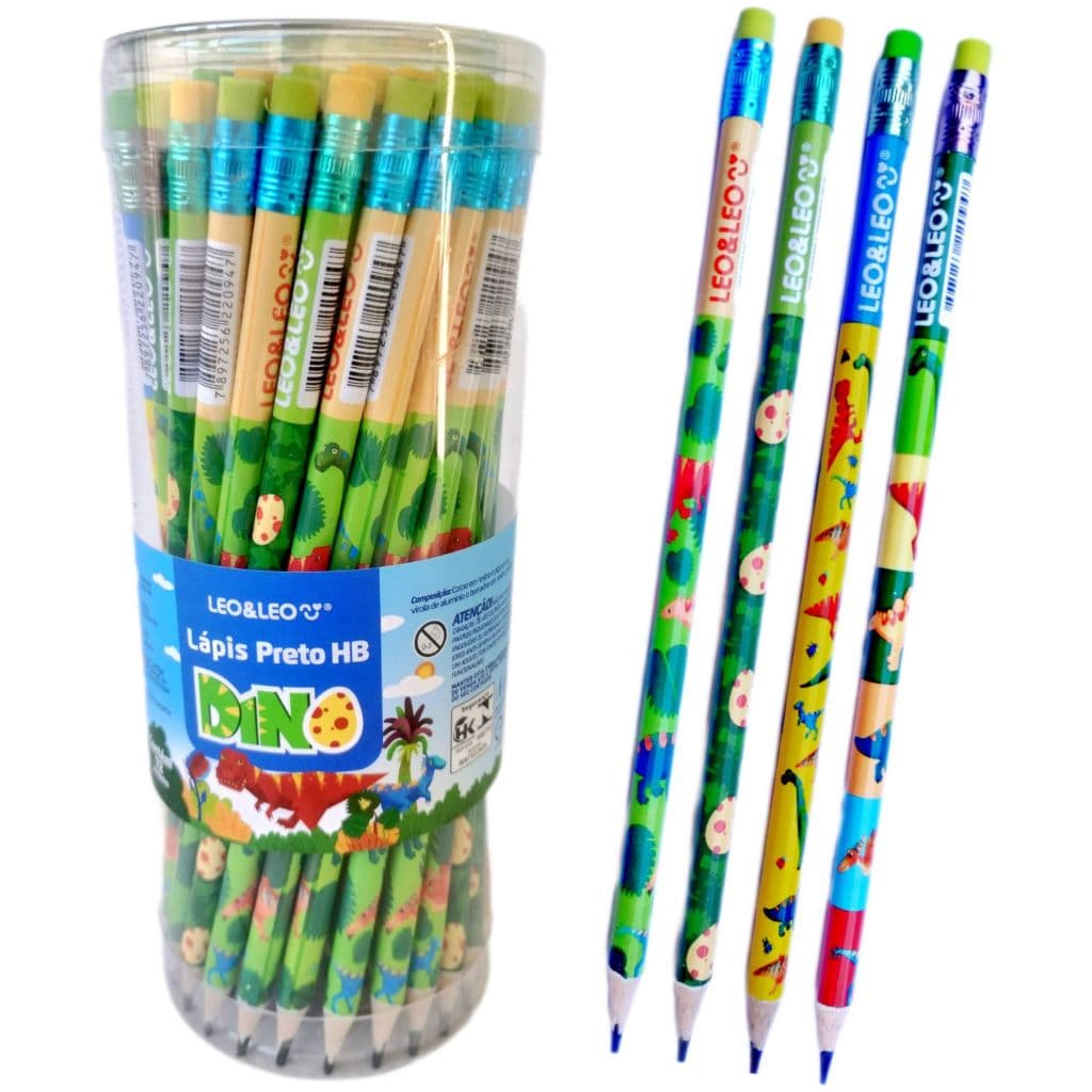Kit Lápis de Escrever Preto HB Dino Decorado com Borracha LeoeLeo Material Escolar Escritório