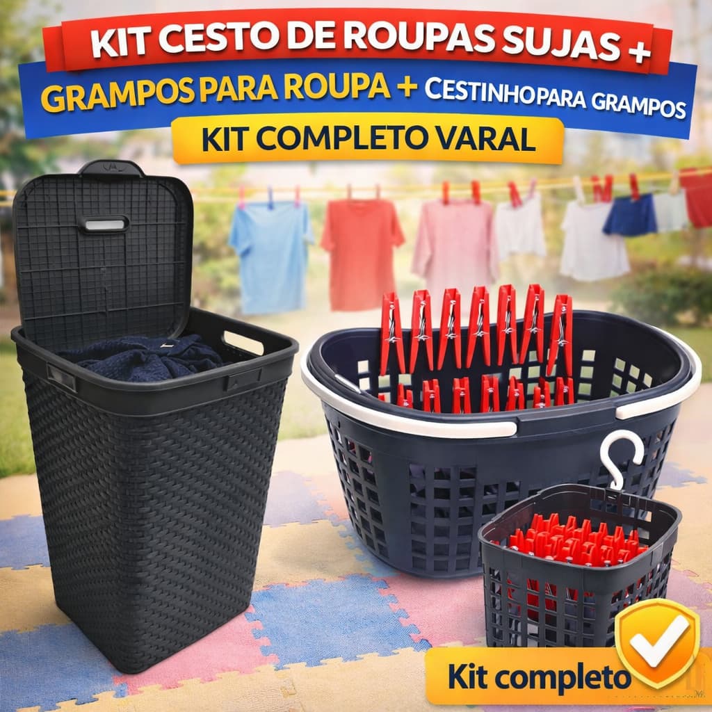 Kit Cesto de Roupas Suja Grande 72L + Cesto com Alça + 12/24 Prendedores Plástico Resistente Varal Lavanderia Banheiro