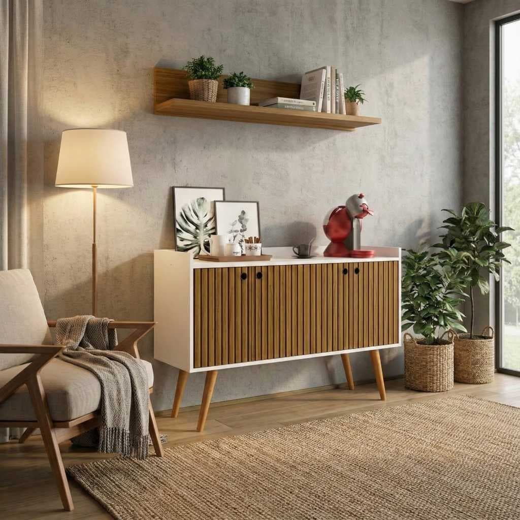 Aparador Buffet Retro Pés Madeira Palito 4 Portas Cantinho Café Moderno Armário Sala Dallas Cozinha