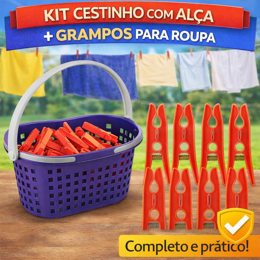 Kit Cesto com Alça + 12 ou 24 Prendedores Varal Plástico Resistente Organizado em Casa