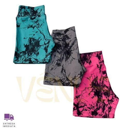 Kit 3 shorts fitness Academia Tie Dye Cintura Alta Zero Transparencia Marmorizado Feminino