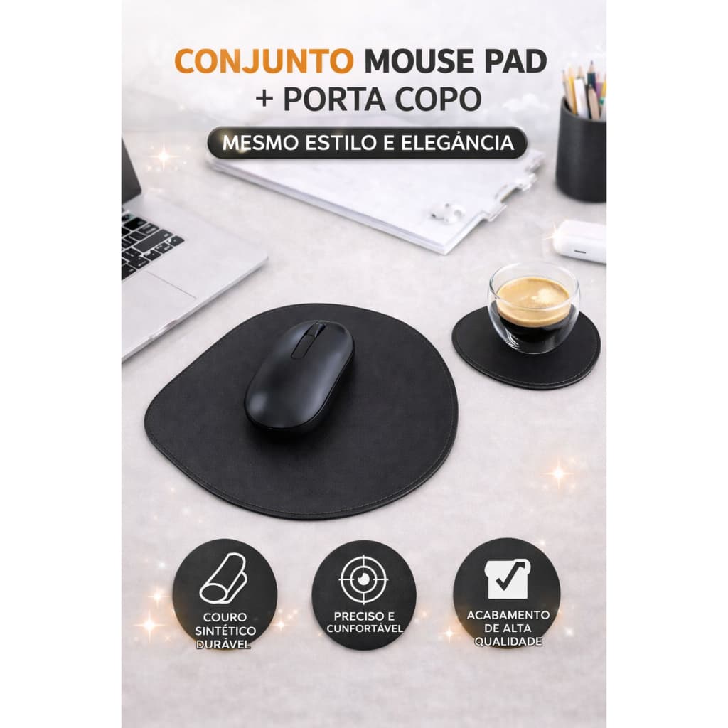 Kit Mouse Pad + Porta Copo em Couro Sintético | Elegante, Antiderrapante e Confortável para Escritório e Home