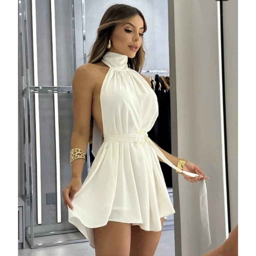 Vestido Macaquinho  short por abaixo faixa argola chiffon seda