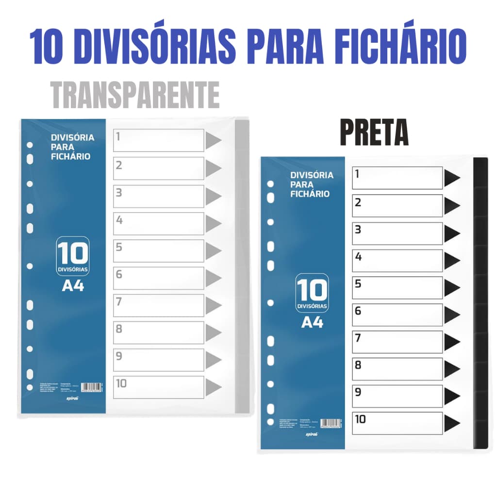 Divisória para Fichário Universitário Spiral com 10 divisórias Preto e Transparente