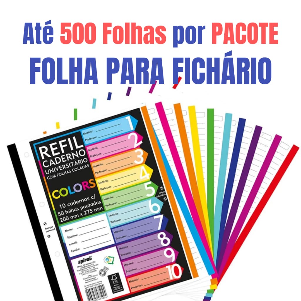 Folha de Fichário 100/150/200/250/300/350/400/450/500 Folhas Universitárias A4 Colorida Sortida