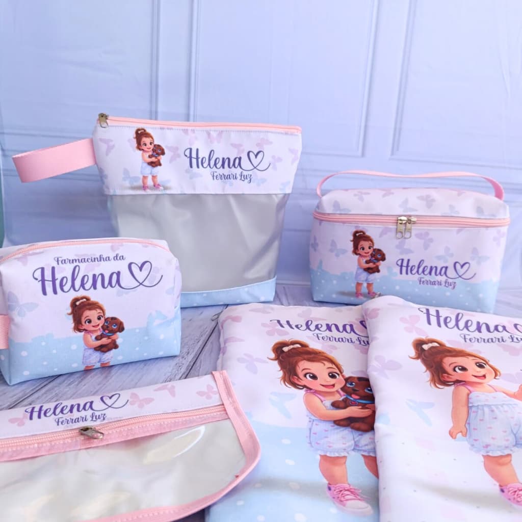Kit Organizador Escolar Creche Infantil com Saquinho de Roupa Limpa, Roupa Suja, Estojo Bucal, Necessaire Banho e Maleta