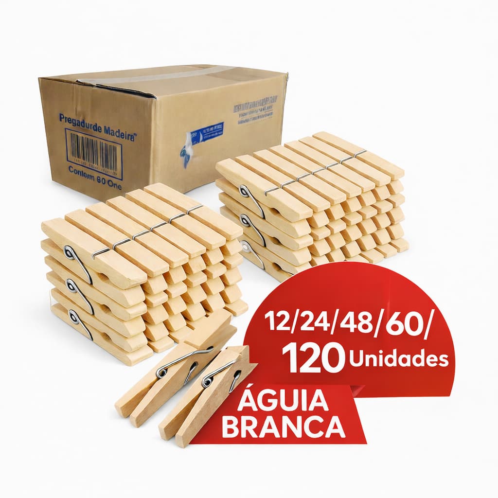 Pregadores de Roupa de Madeira Águia Branca – Kit com 12/24/48/60/120 Prendedores