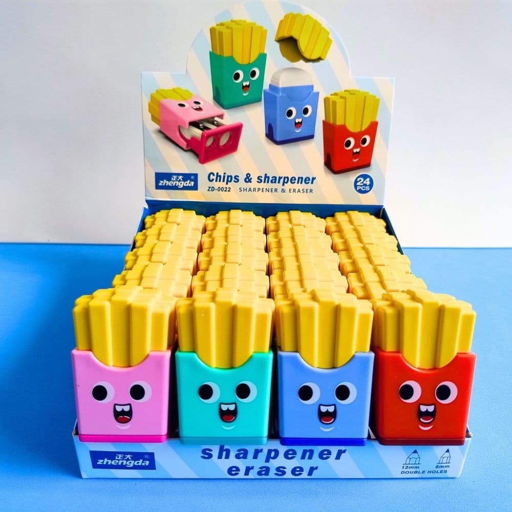 Apontador Duplo c/ Borracha Batata Frita / Fritas / Batatinha / Material Escolar