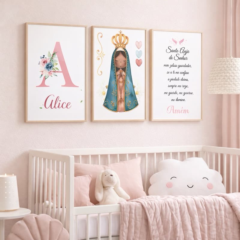 Kit 3 Quadros Decorativos Infantil Nossa Senhora Oração Personalizado Nome MDF