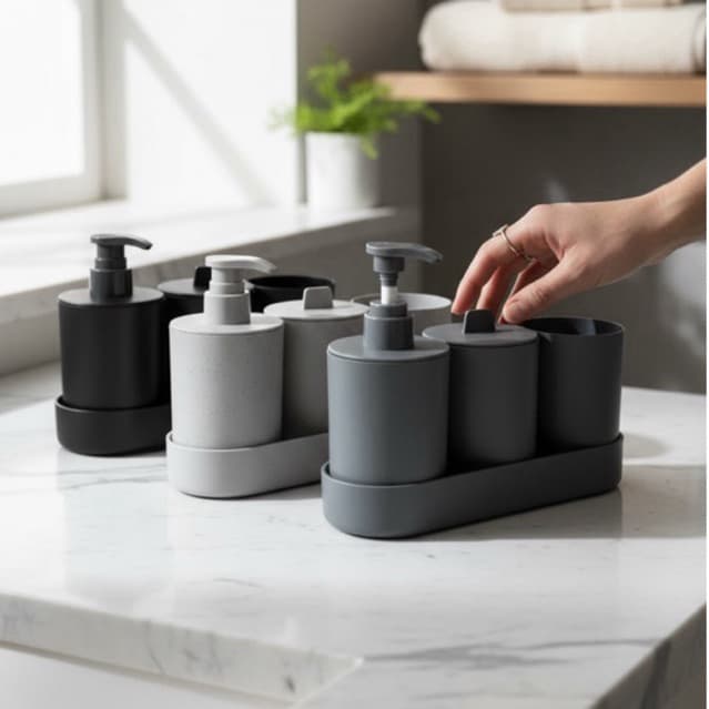 Kit Banheiro 4 peças Bandeja Porta Sabonete Liquido Porta Cotonete e Porta Escova Marca Lyor