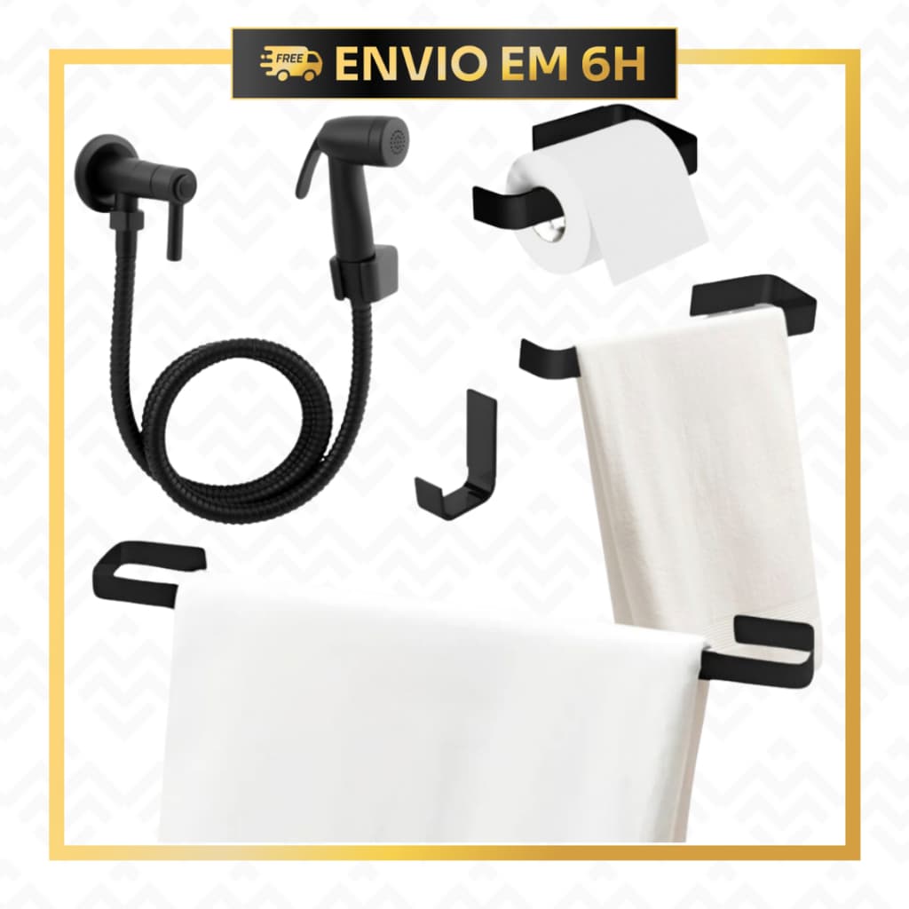 Kit Banheiro Luxo Preto Fosco | Ducha Higiênica + Acessórios Quadrados Inox Preto