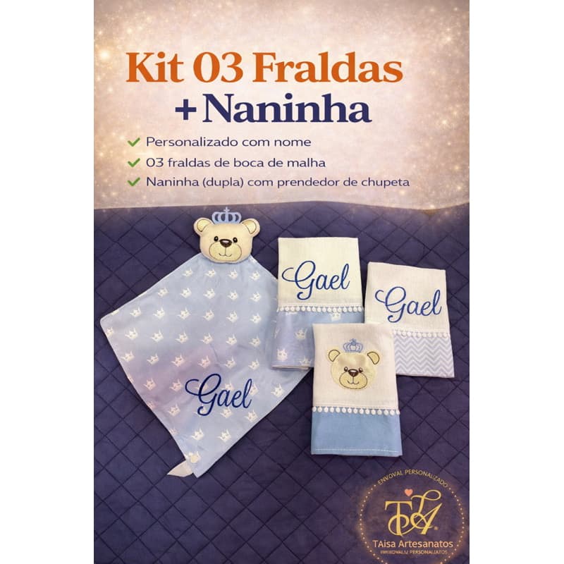 KIT Naninha+03 Fraldas de Boca (Babitas) com NOME - PERSONALIZADO