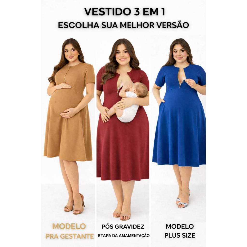 Vestido Gestantes Grávidas Ziper Abertura pra Amamentação Rodado Soltinho Confortável Midi Roupa para Saída da Ma