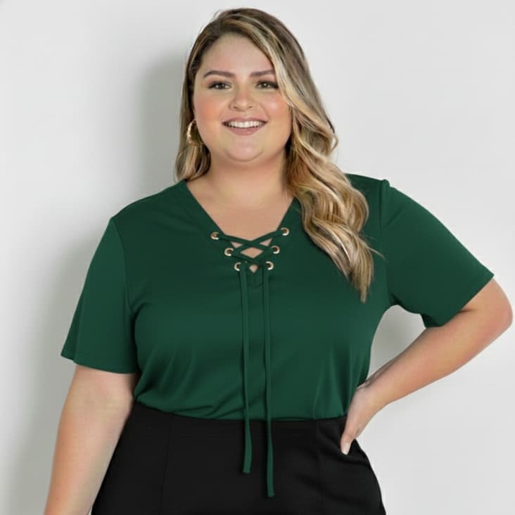 Blusa Feminina Elegante Manga Curta Plus Size Estilosa Decote com Ilhos e Cordinhas Amarração Básica Viscolycra