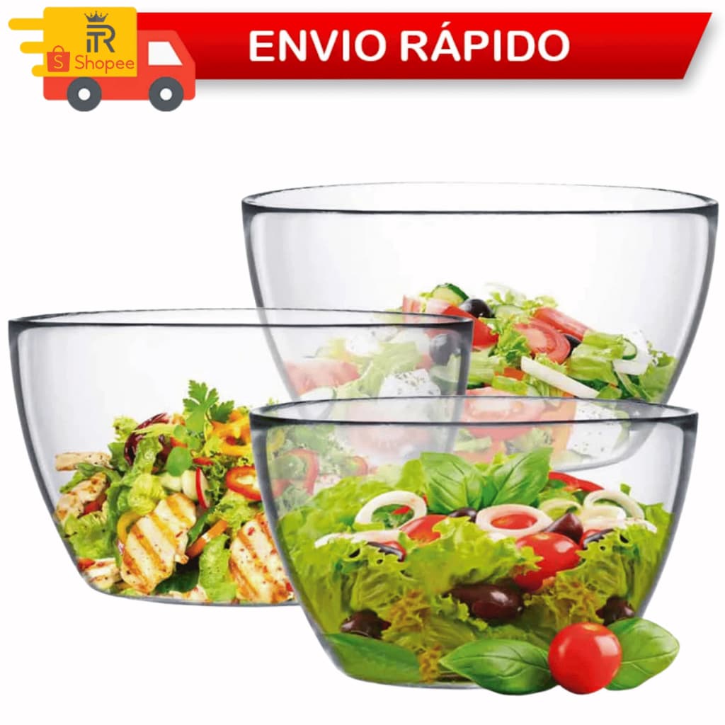 Saladeira 3 Peças De Vidro Redonda Bowl Tigela Fruteira Mesa Tropical Salada Para sua Cozinha Casa