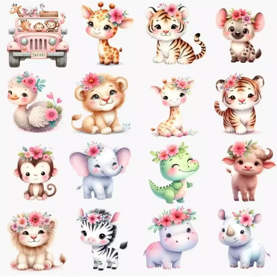 Kit DTF 16 Apliques Safari Termocolante Meninos E Menina Aplicar Em Qualquer de Tecido Transfer de Estampa Ursos animais