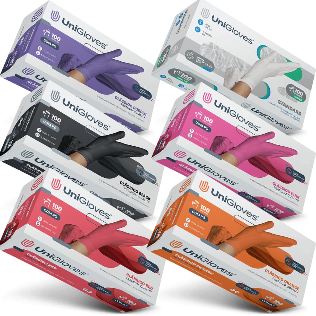 Luvas latex Descartáveis UniGloves Caixa Com 100UN Preta Rosa Branca Escolha Cores P M G