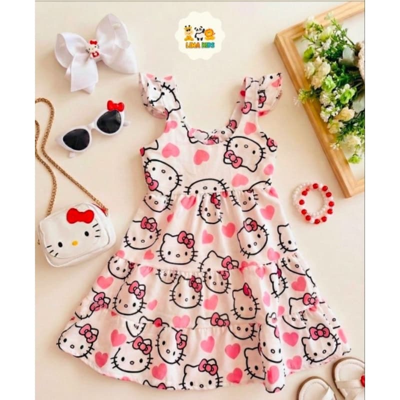 Vestido De festa menina colorido de festa casual princesa rodado Hello Kitty Hearts  (Tamanhos 2 ao 10) hello kitty