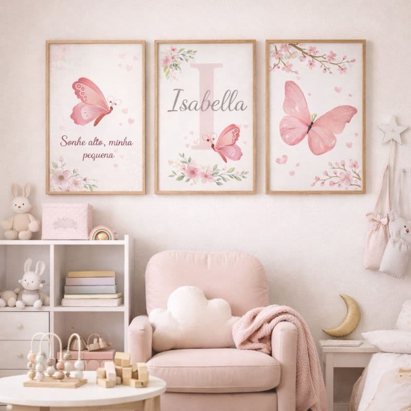 Kit 3 Quadros Decorativos Infantil Borboleta Rosa Personalizado com Nome Para Quartos de Menina