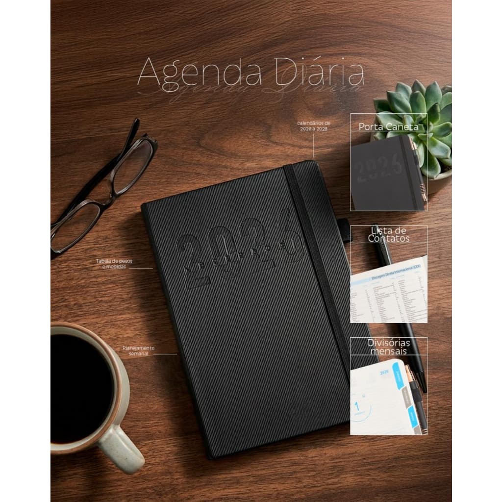 Agenda 2026 com Abertura Mensal Capa Couro Sintético Importado PU Preto