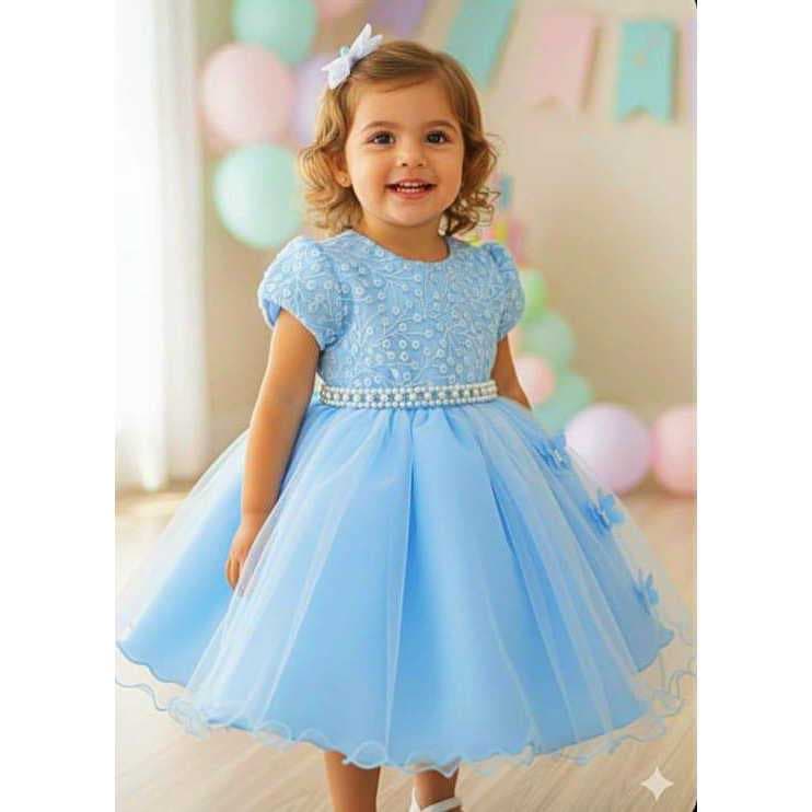 vestido infantil azul festa batizado aniversario tule rodado luxo - 1034