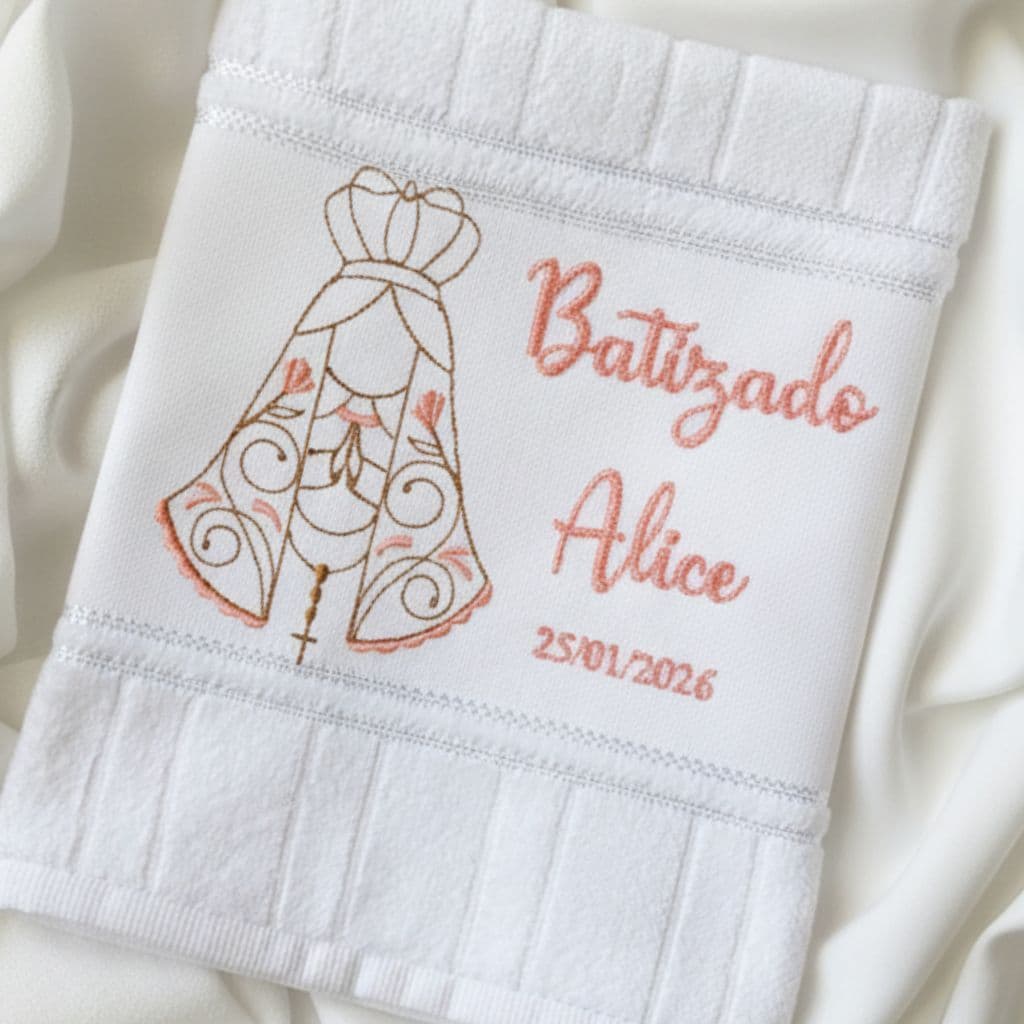 Toalha Bordada Personalizada Nossa Senhora com Nome Batizado Bebê Infantil