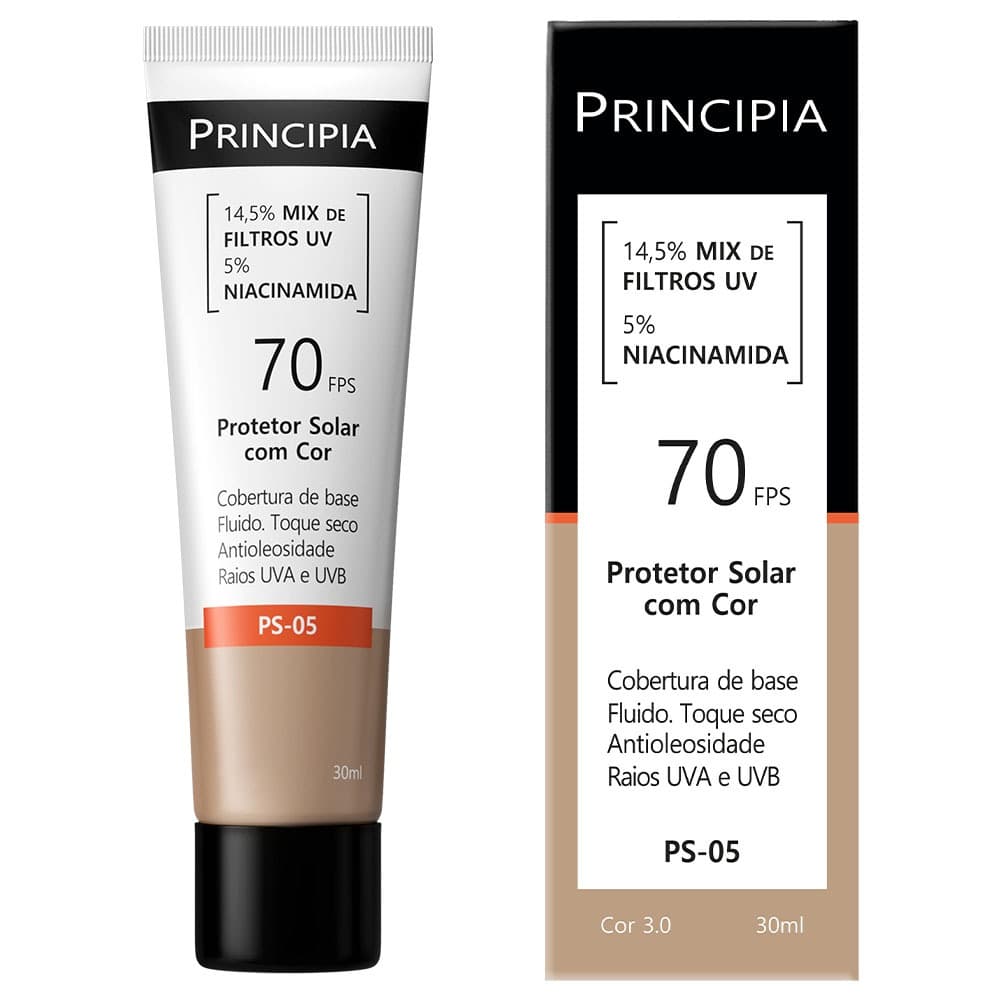 Principia Protetor Solar PS-05 Cor 3.0 c/ 14,5% Mix de Filtros UV + 5% Niacinamida FPS 70 - 30ml