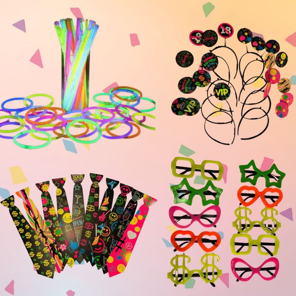 Kit Festa 140 peças Balada Neon Pulseira Gravata Oculos Tiara Tag