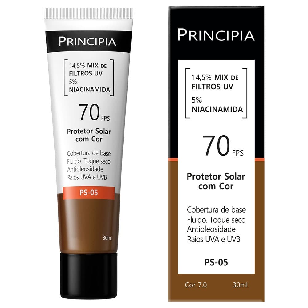 Principia Protetor Solar PS-05 Cor 7.0 c/ 14,5% Mix de Filtros UV + 5% Niacinamida FPS 70 - 30ml