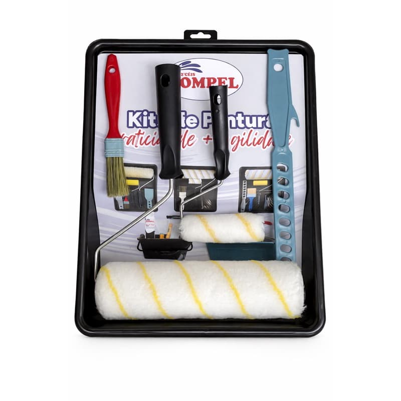 Kit Pintura Compel 6 Peças Sem Respingo | Rolo de Lã 23cm + 9 cm | Bandeja Grande + Suporte + Pincel + Mexedor