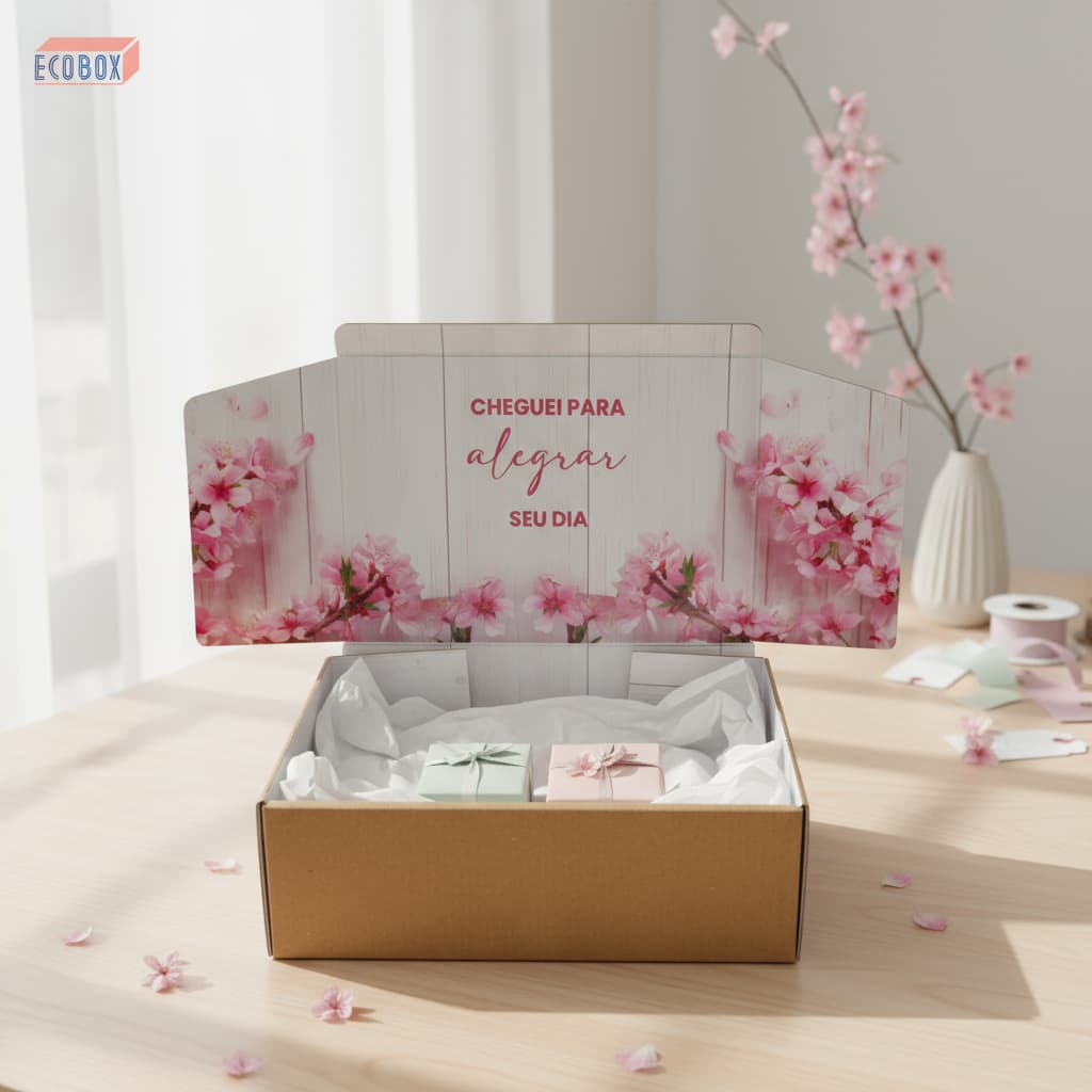 Kit Caixas de Papelão Floral 27x18x9cm Embalagem E-Commerce Sofisticada Envios Lojas Roupas Presente