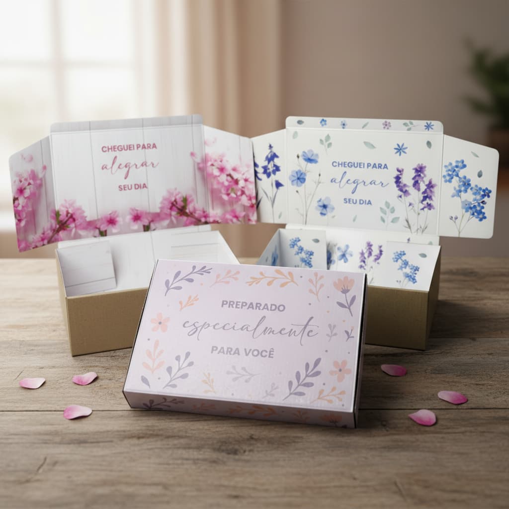 Kit Caixas de Papelão Floral 20x16x7cm Embalagem E-Commerce Sofisticada Envios Lojas Presente