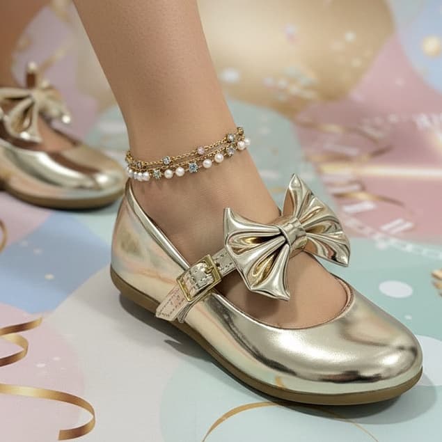 Sapatilha Infantil Menina Dourada ou Bronze Laço Elegante Festa Confortável Antiderrapante