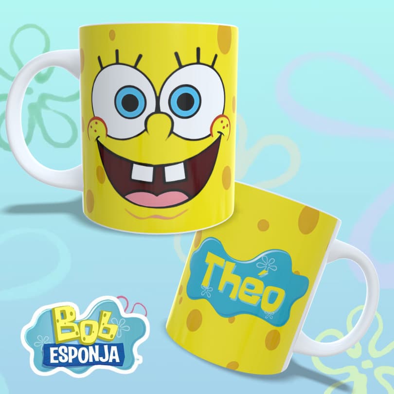 Caneca Plástica Polímero Bob Esponja Personalizada com Nome Volta as aulas infantil divertida