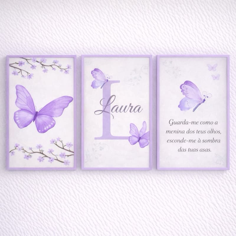 Kit 3 Quadros Decorativos Infantil Borboleta Lilás Personalizado Nome MDF