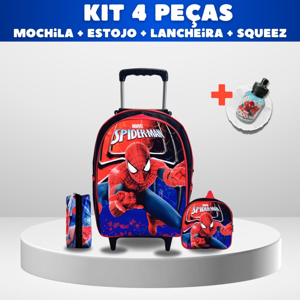 Mochila escolar masculina Homem Aranha com rodinha