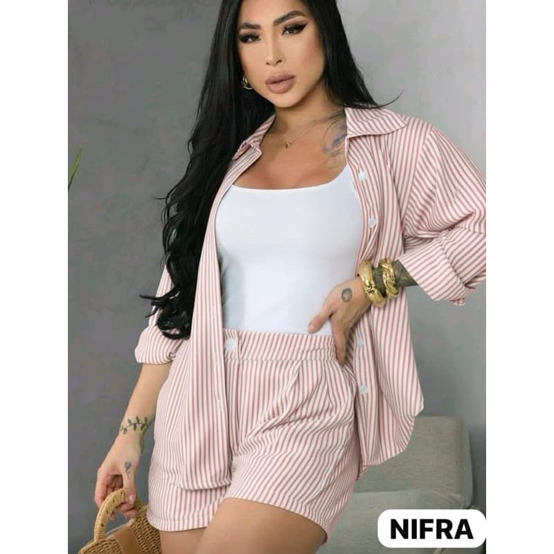 Conjunto kimono e shorts listrado femenino 2 pecas