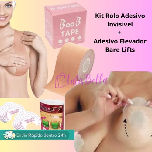 Kit Sutiã Adesivo de Silicone Invisível Aumenta e Levanta Seios Bare Lif + Bob Tape rolo 5 mt