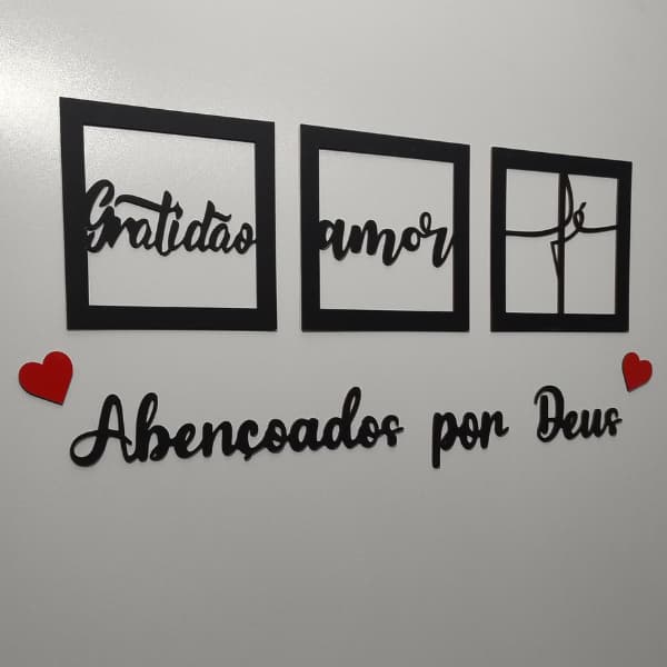 Kit com 3 Quadros Decorativos + Frase Abençoados por Deus - Decoração para Sala e Quarto em mdf